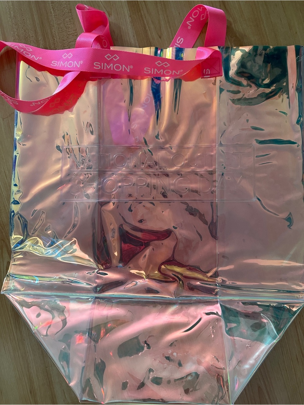 Simons Iridescent Rose Pink Holographic Tote with Pink Logo Straps